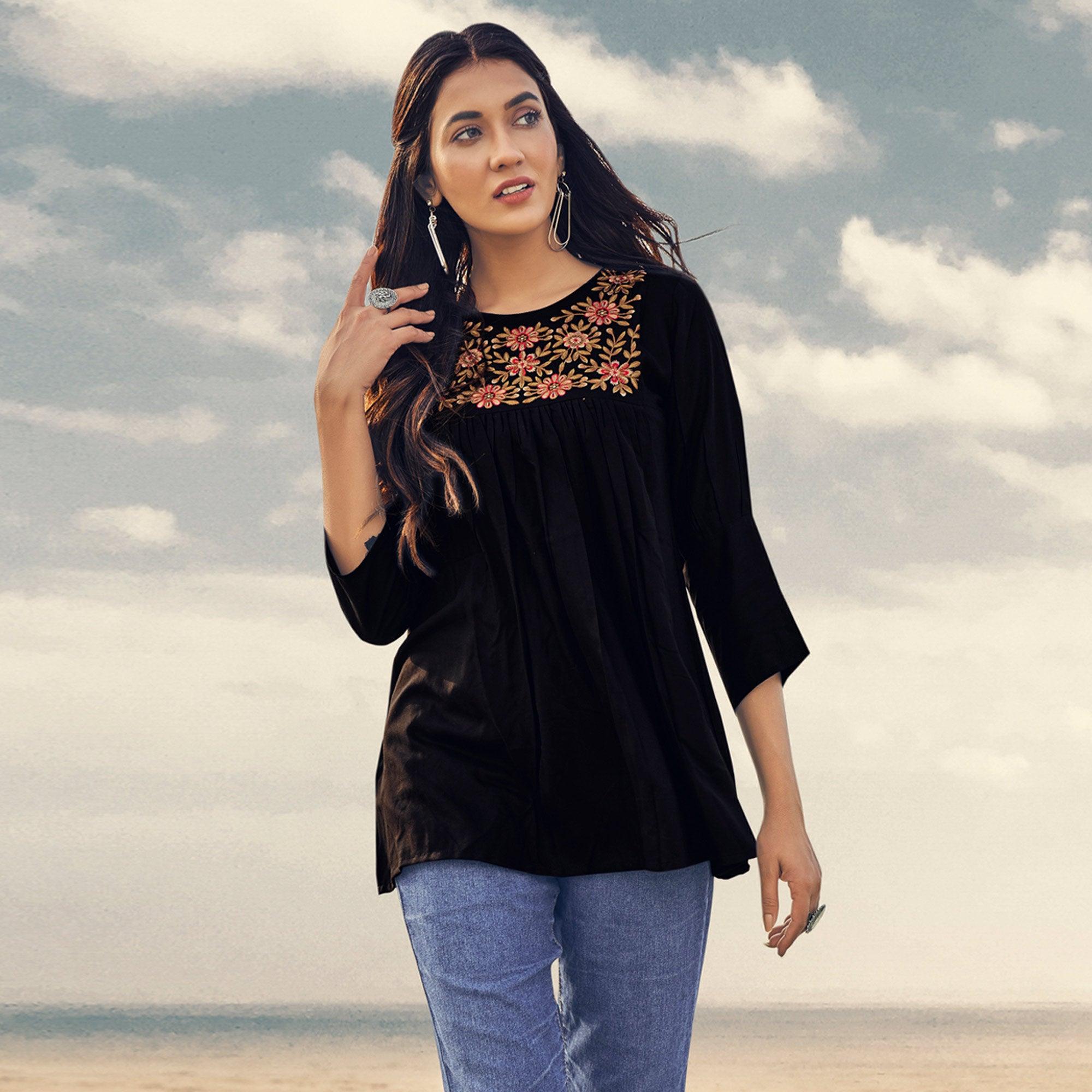 Black Casual Wear Floral Embroidered Rayon Top - Peachmode