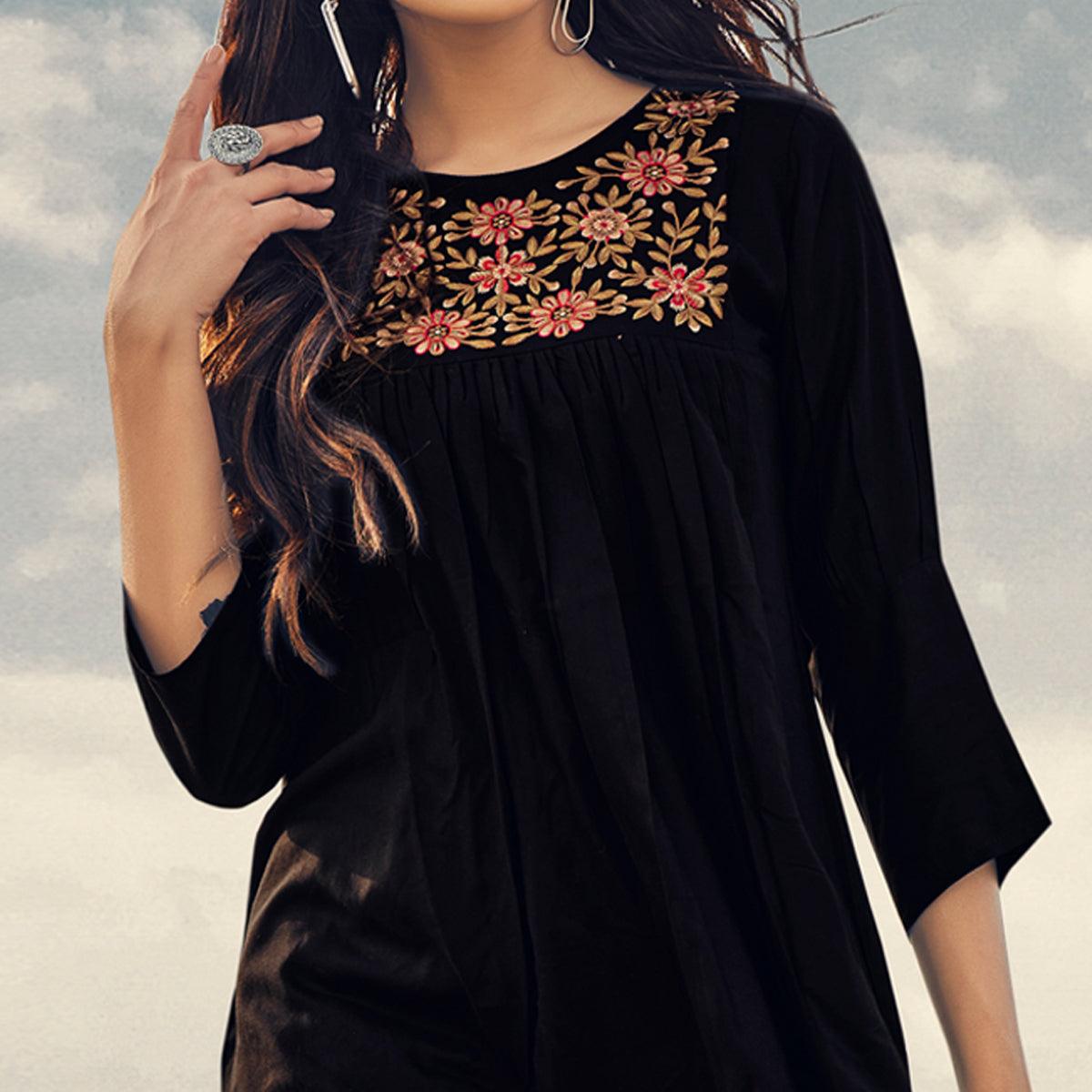 Black Casual Wear Floral Embroidered Rayon Top