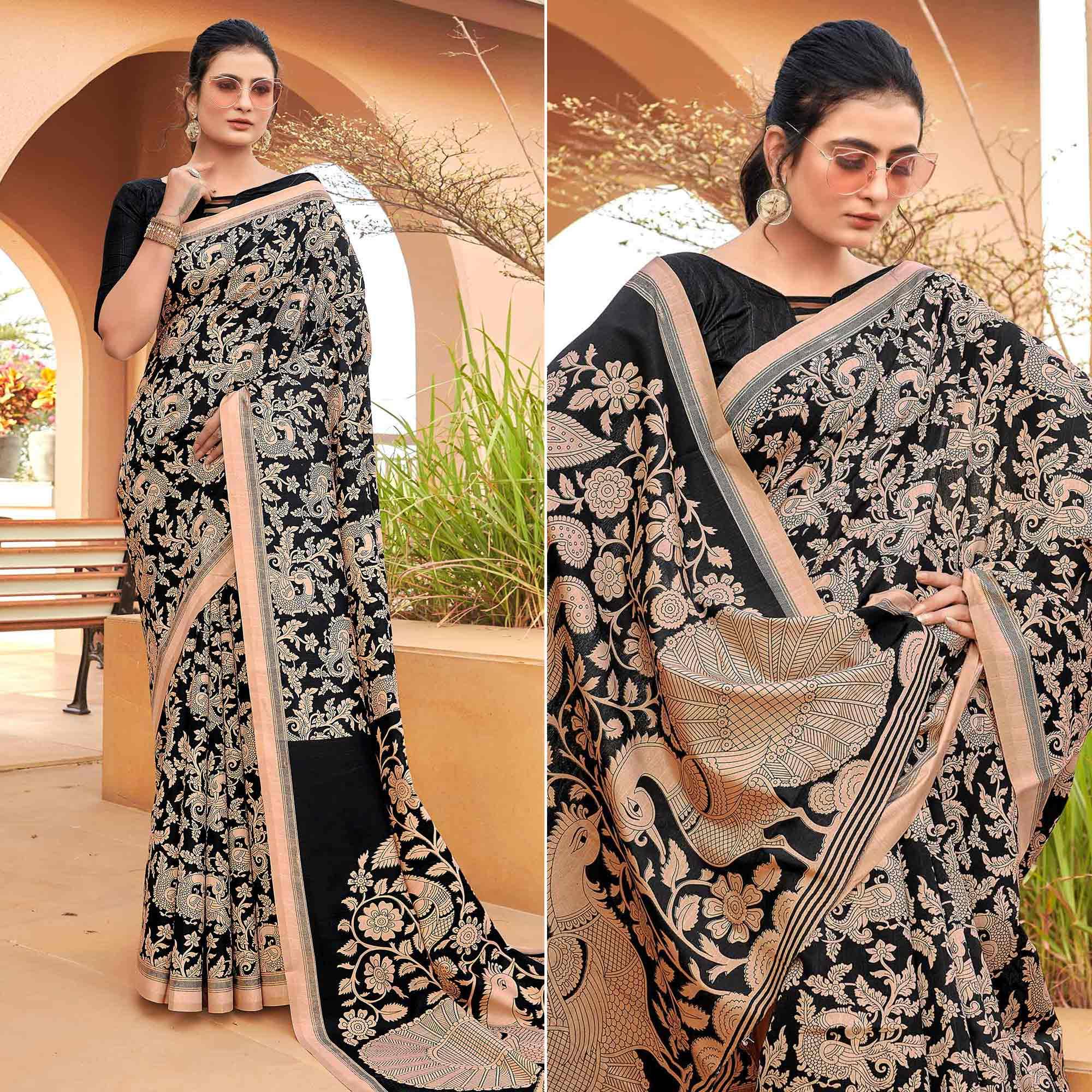 Black Casual Wear Floral Printed Bhagalpuri Silk Saree - Peachmode