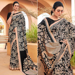 Black Casual Wear Floral Printed Bhagalpuri Silk Saree - Peachmode