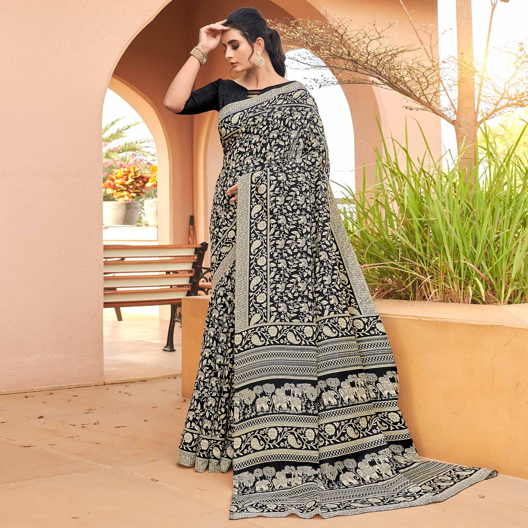 Black Casual Wear Floral Printed Bhagalpuri Silk Saree - Peachmode