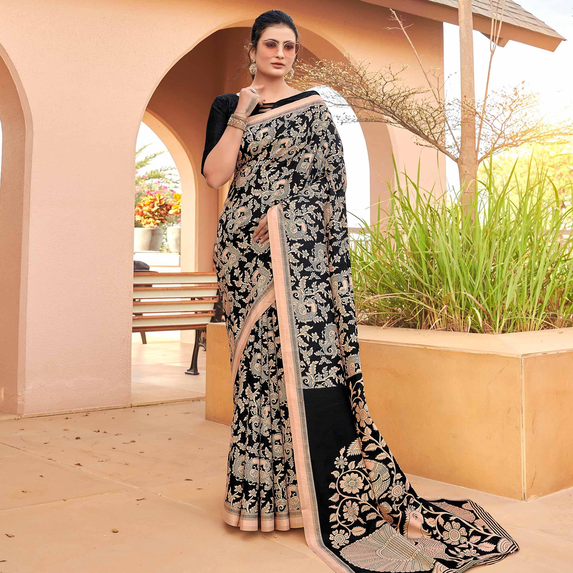 Black Casual Wear Floral Printed Bhagalpuri Silk Saree - Peachmode