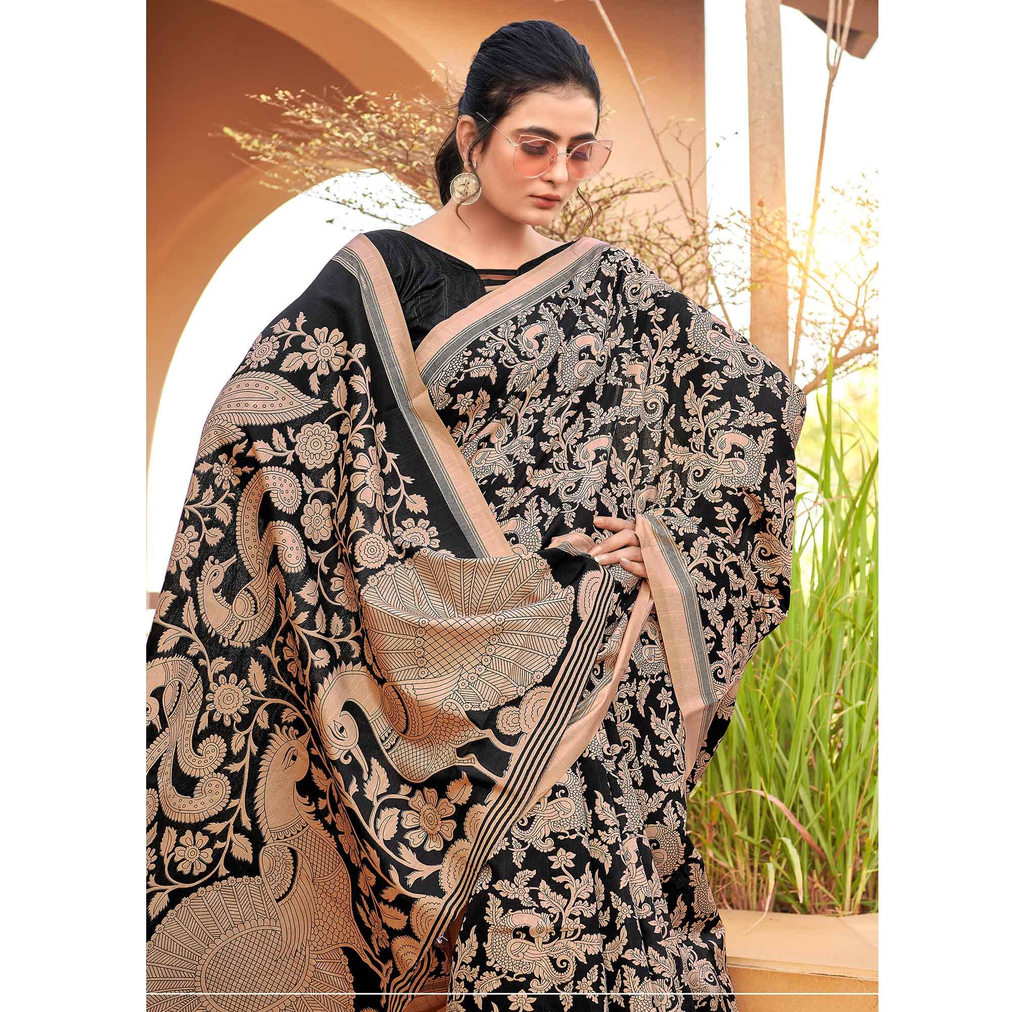 Black Casual Wear Floral Printed Bhagalpuri Silk Saree - Peachmode