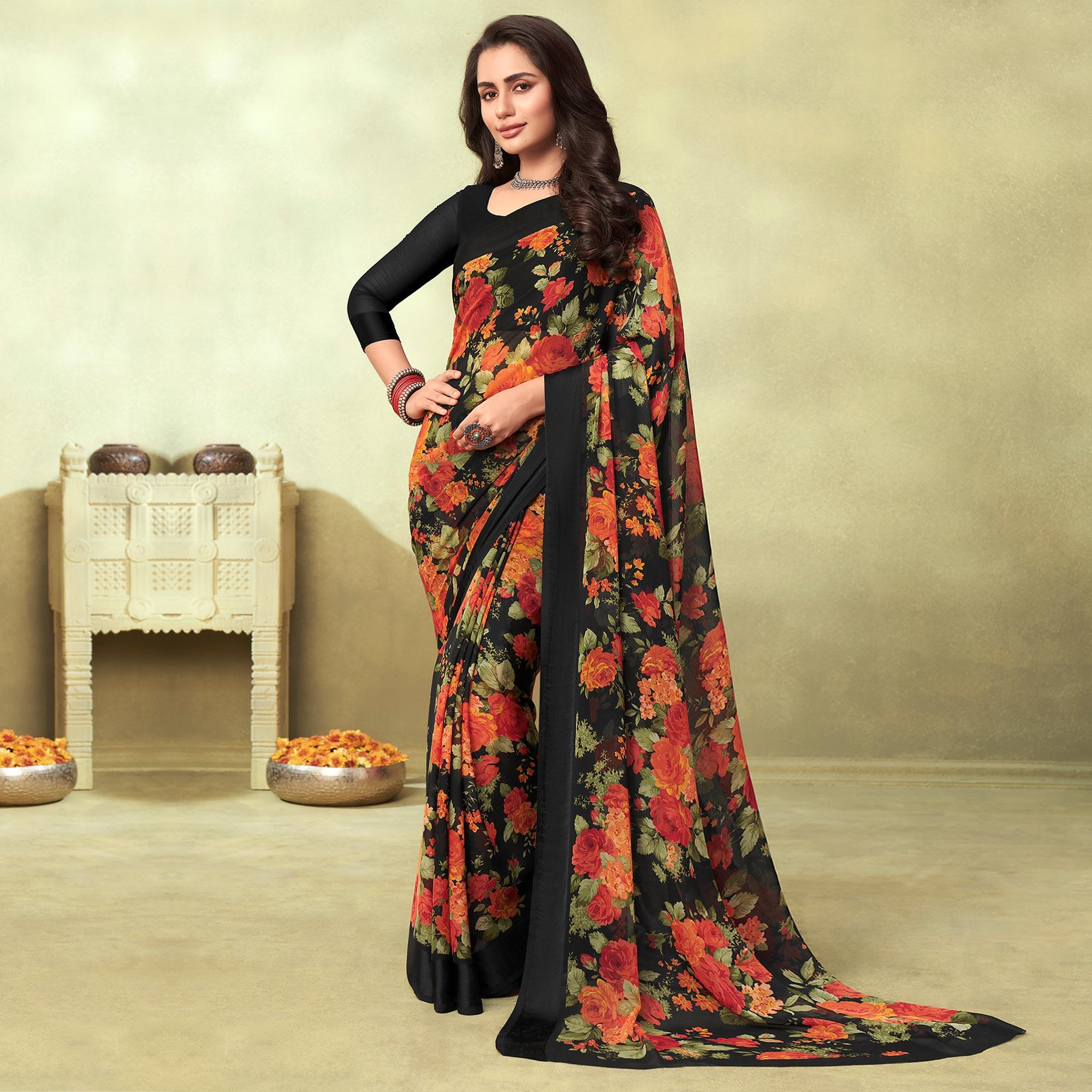 Black Casual Wear Floral Printed Chiffon Saree - Peachmode