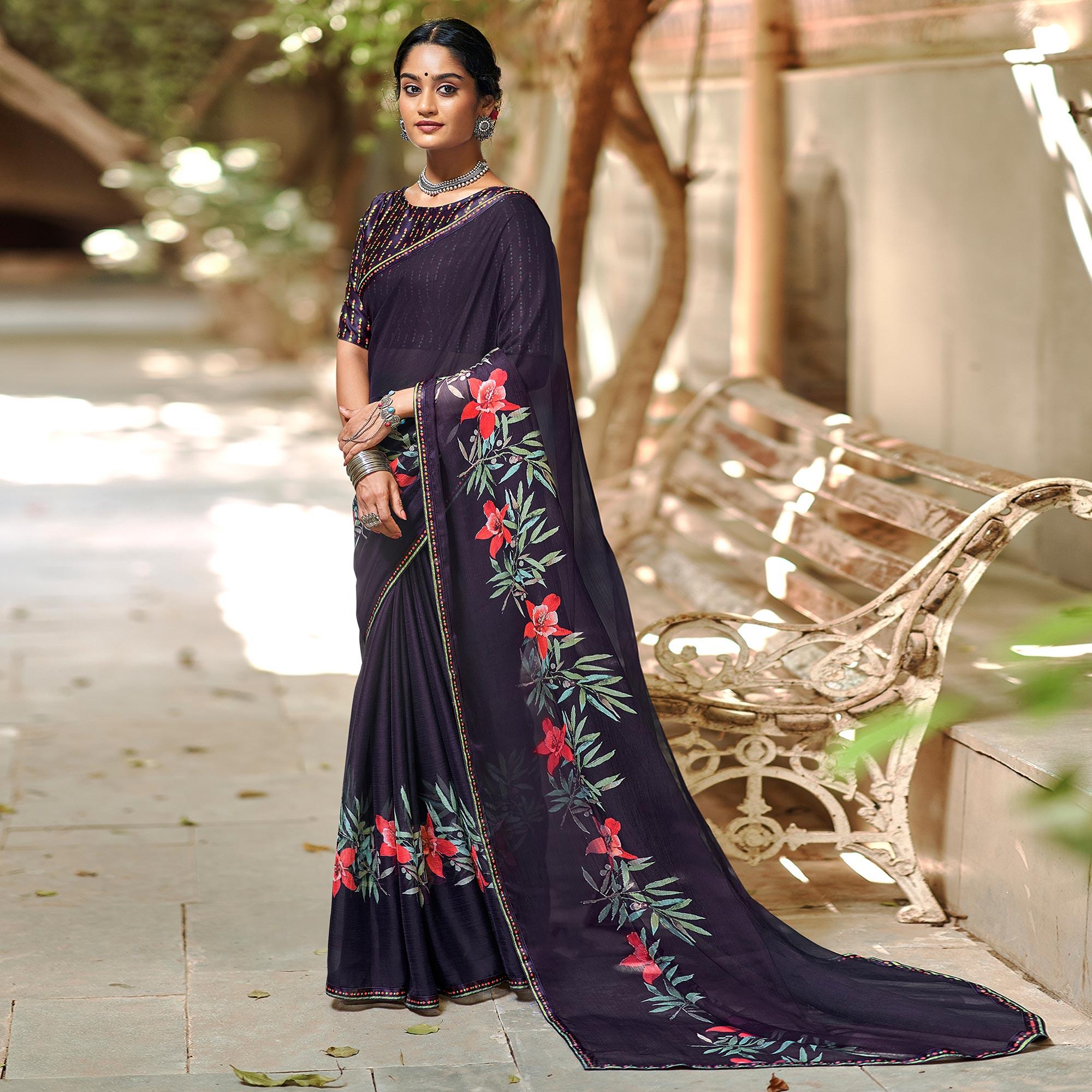 Black Casual Wear Floral Printed Chiffon Saree With Fancy Blouse - Peachmode