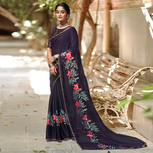 Black Casual Wear Floral Printed Chiffon Saree With Fancy Blouse - Peachmode