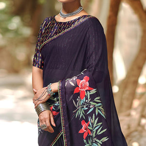 Black Casual Wear Floral Printed Chiffon Saree With Fancy Blouse - Peachmode