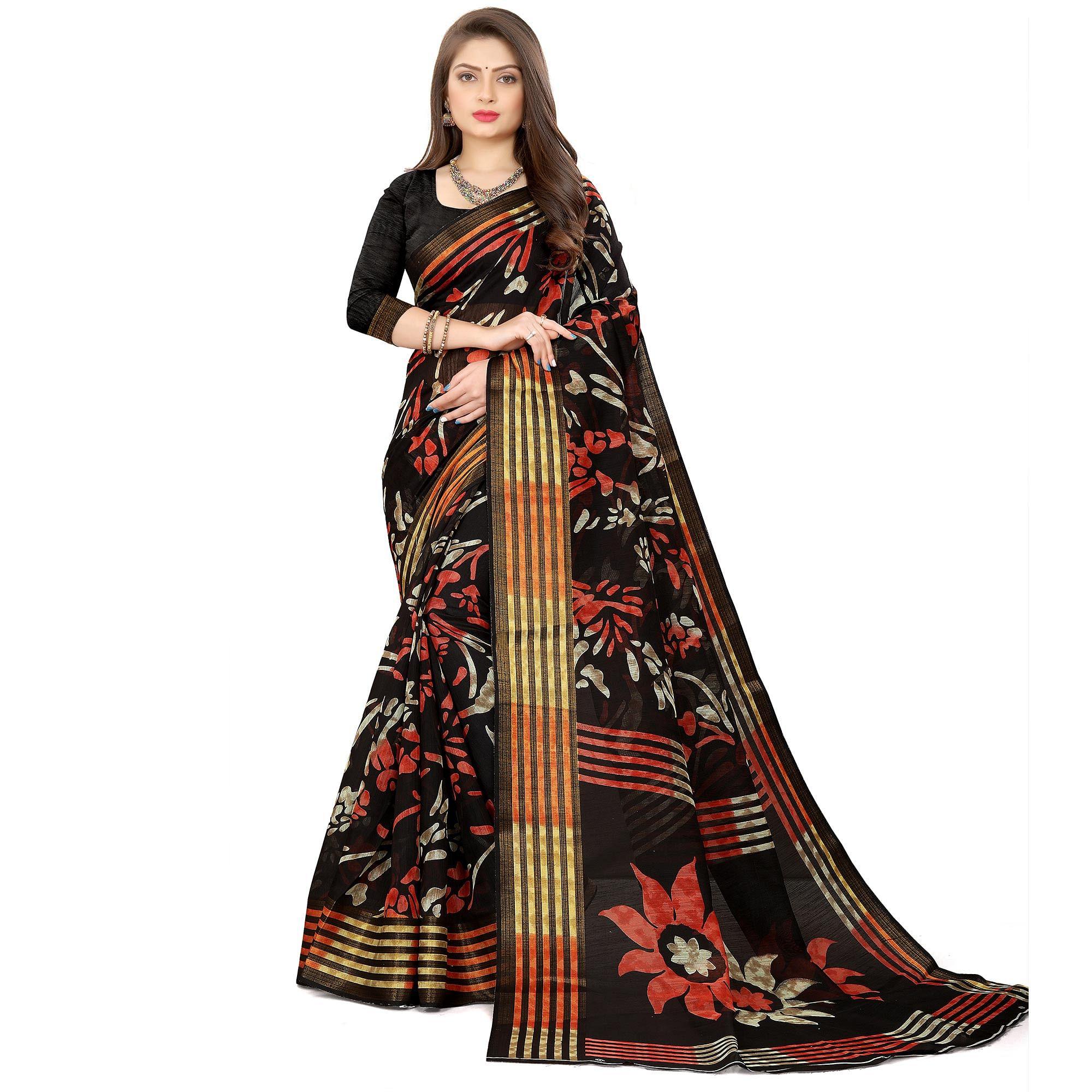 Black Casual Wear Floral Printed Cotton Linen Saree - Peachmode