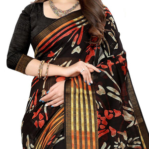 Black Casual Wear Floral Printed Cotton Linen Saree - Peachmode