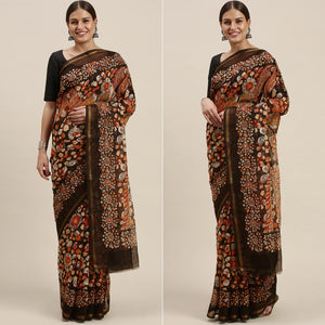 Black Casual Wear Floral Printed Cotton Saree - Peachmode