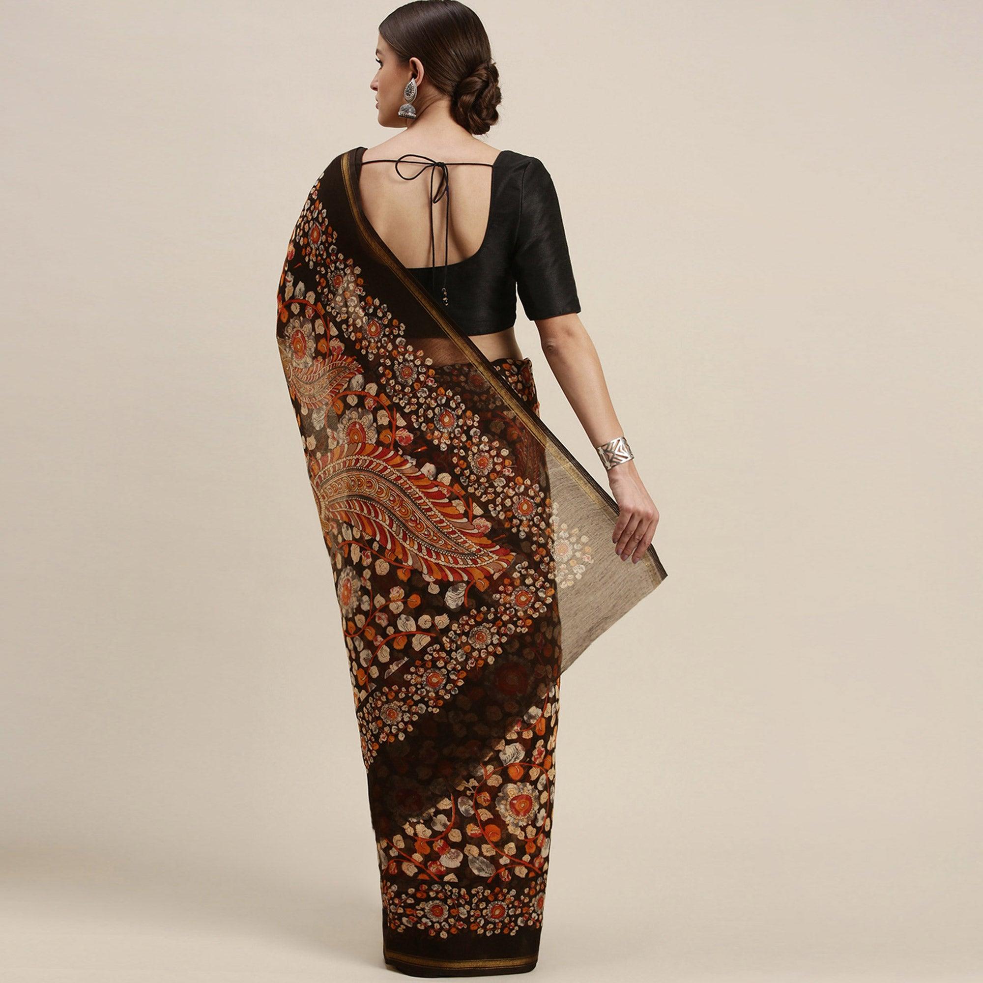 Black Casual Wear Floral Printed Cotton Saree - Peachmode