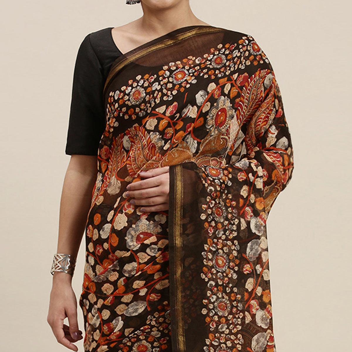 Black Casual Wear Floral Printed Cotton Saree - Peachmode
