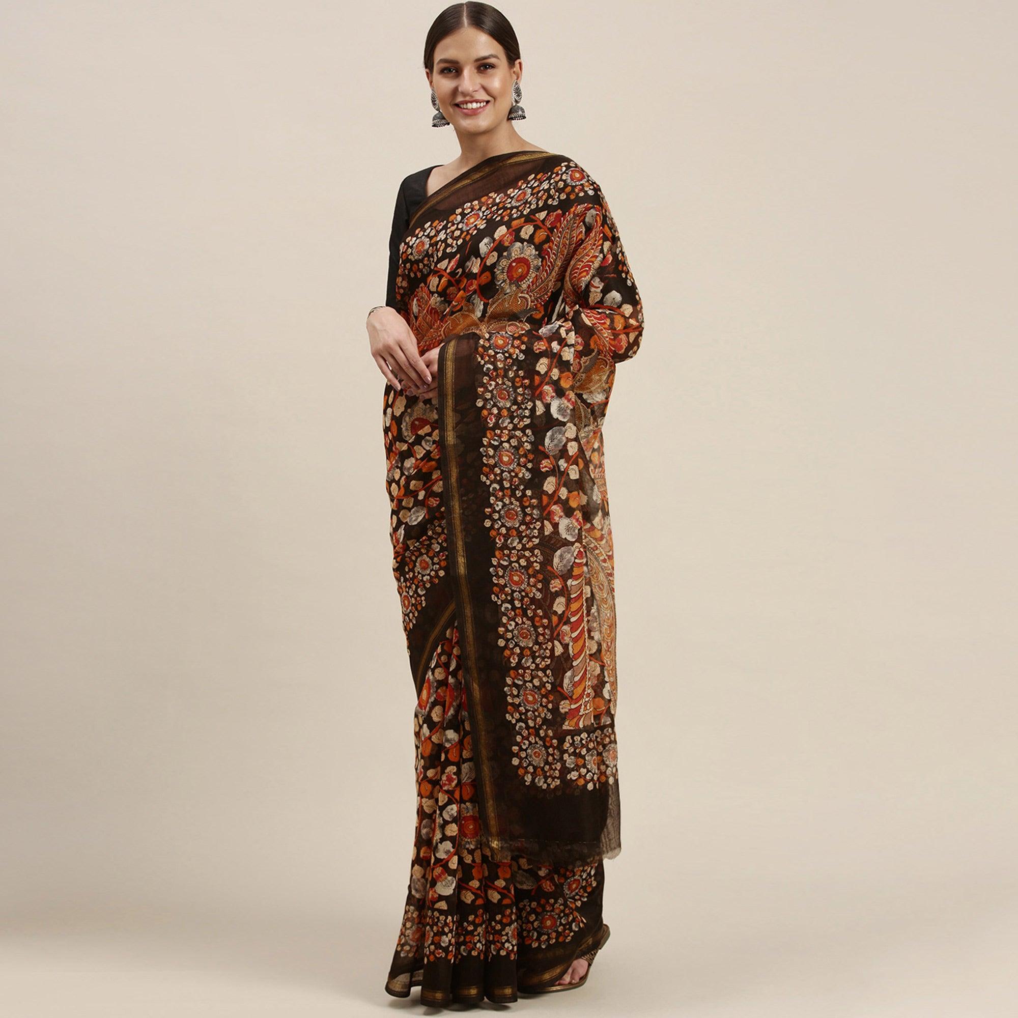 Black Casual Wear Floral Printed Cotton Saree - Peachmode