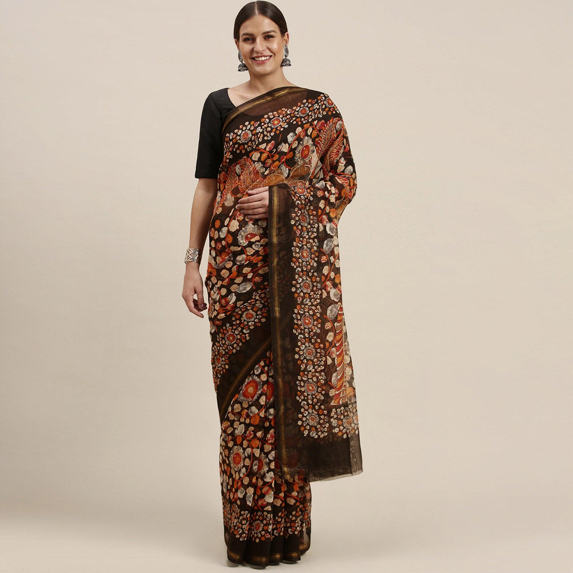 Black Casual Wear Floral Printed Cotton Saree - Peachmode