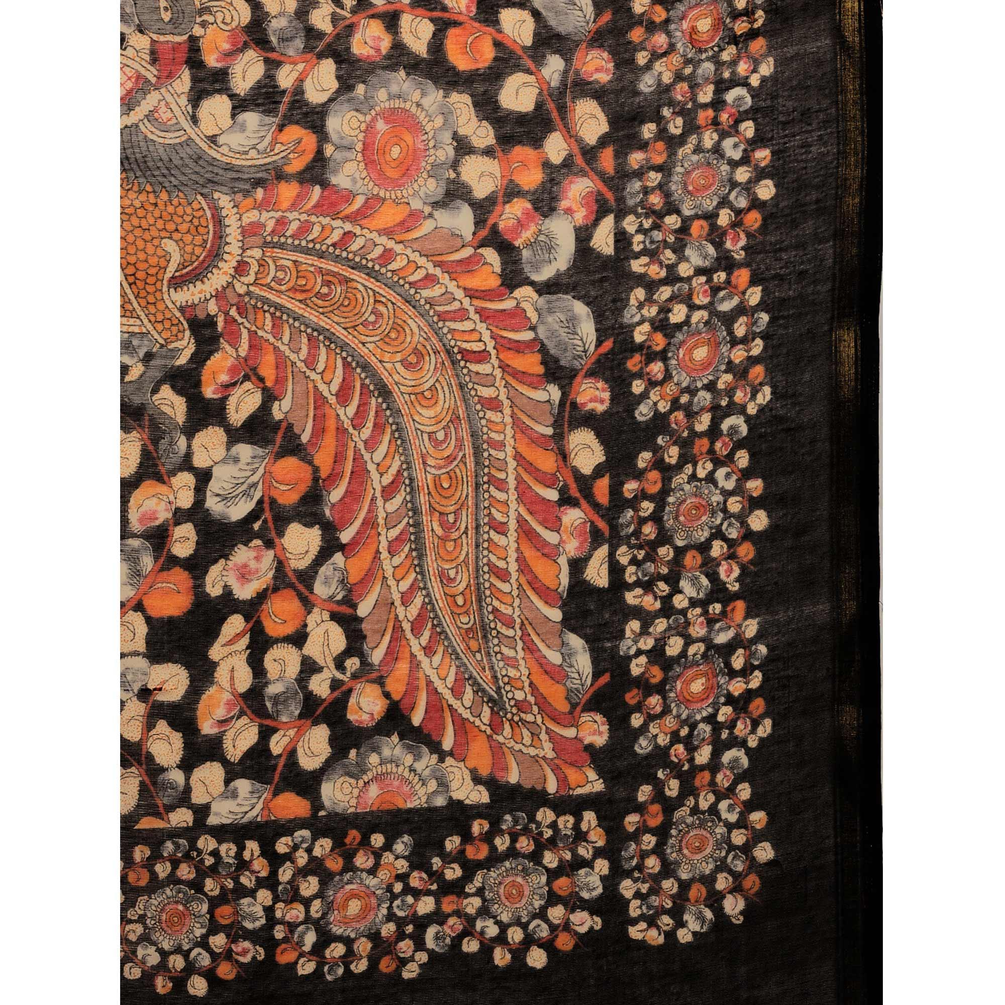 Black Casual Wear Floral Printed Cotton Saree - Peachmode