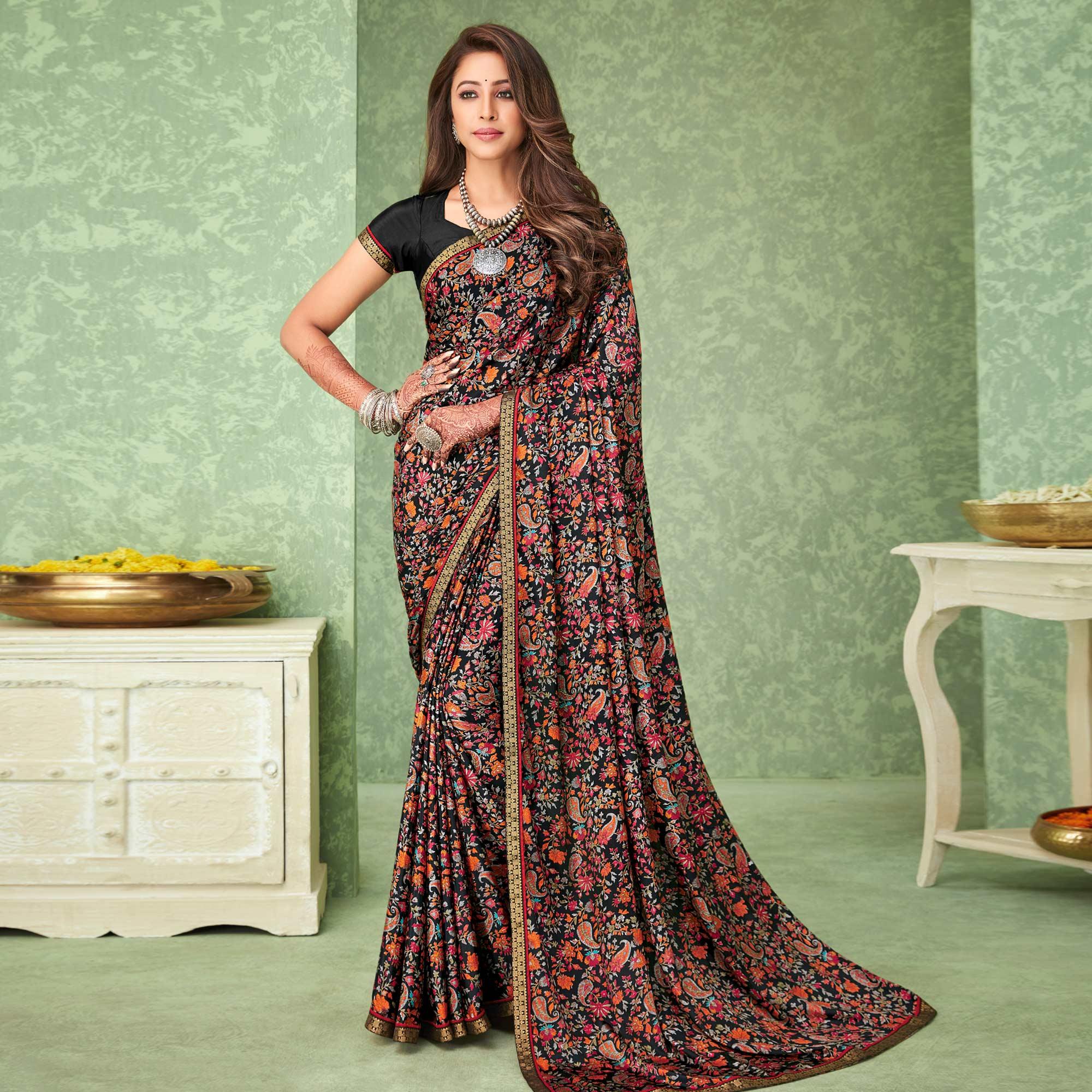 Black Casual Wear Floral Printed Crepe Saree With Banarasi Border - Peachmode