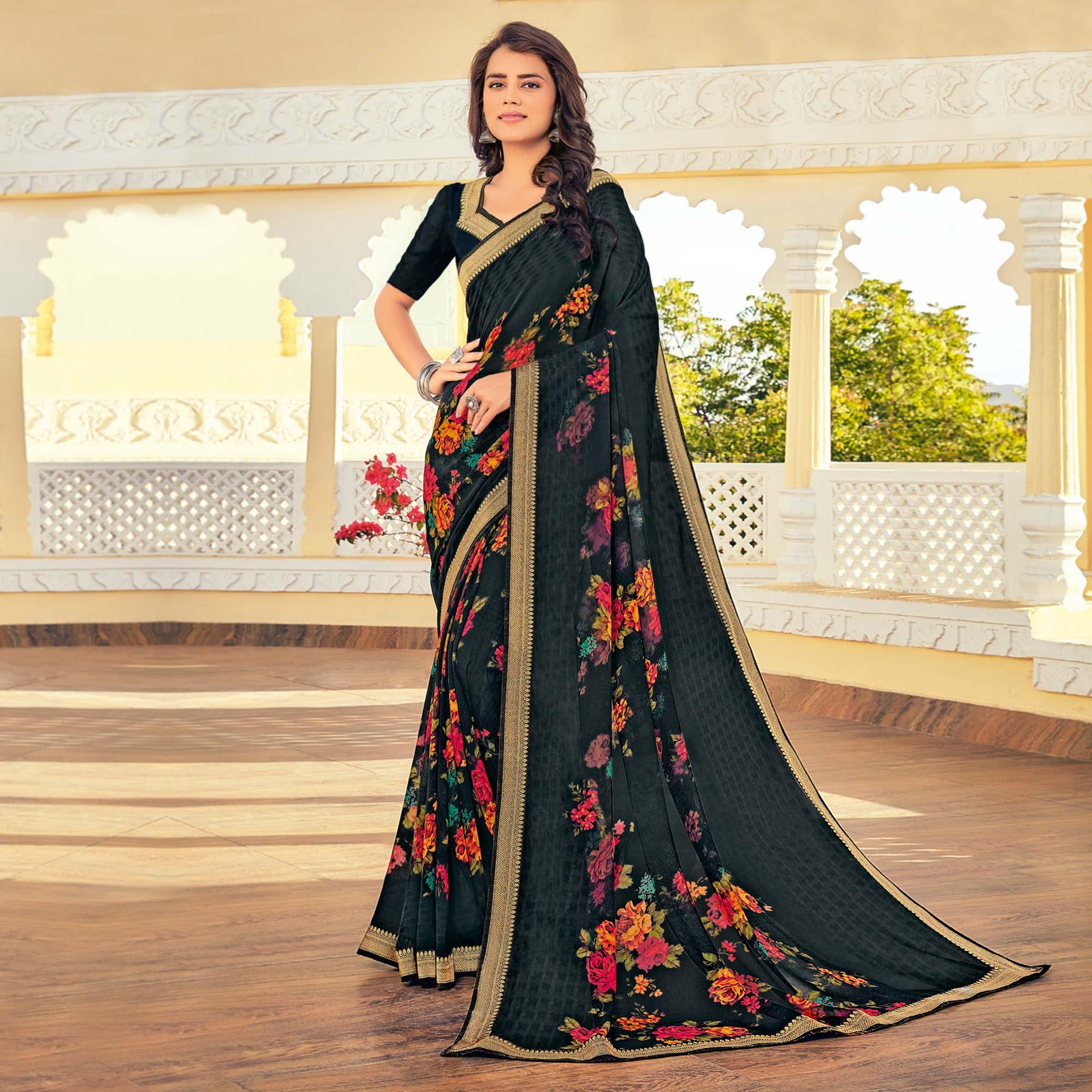 Black Casual Wear Floral Printed Georgette Saree With Border - Peachmode