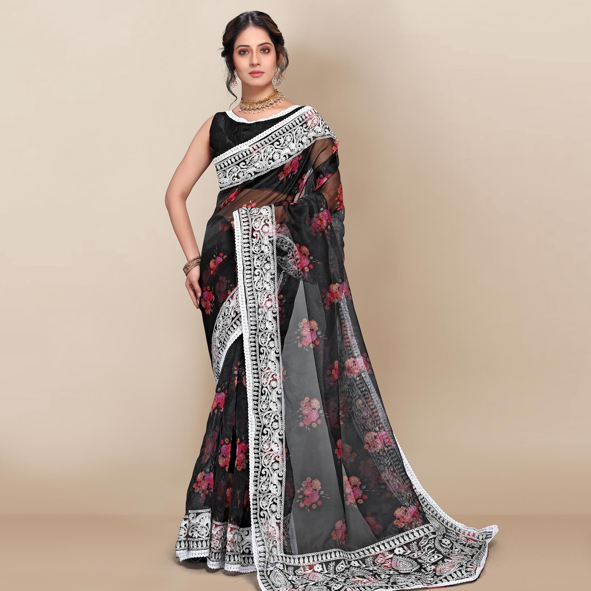 Black Casual Wear Floral Printed Organza Saree With Embroidered Border - Peachmode