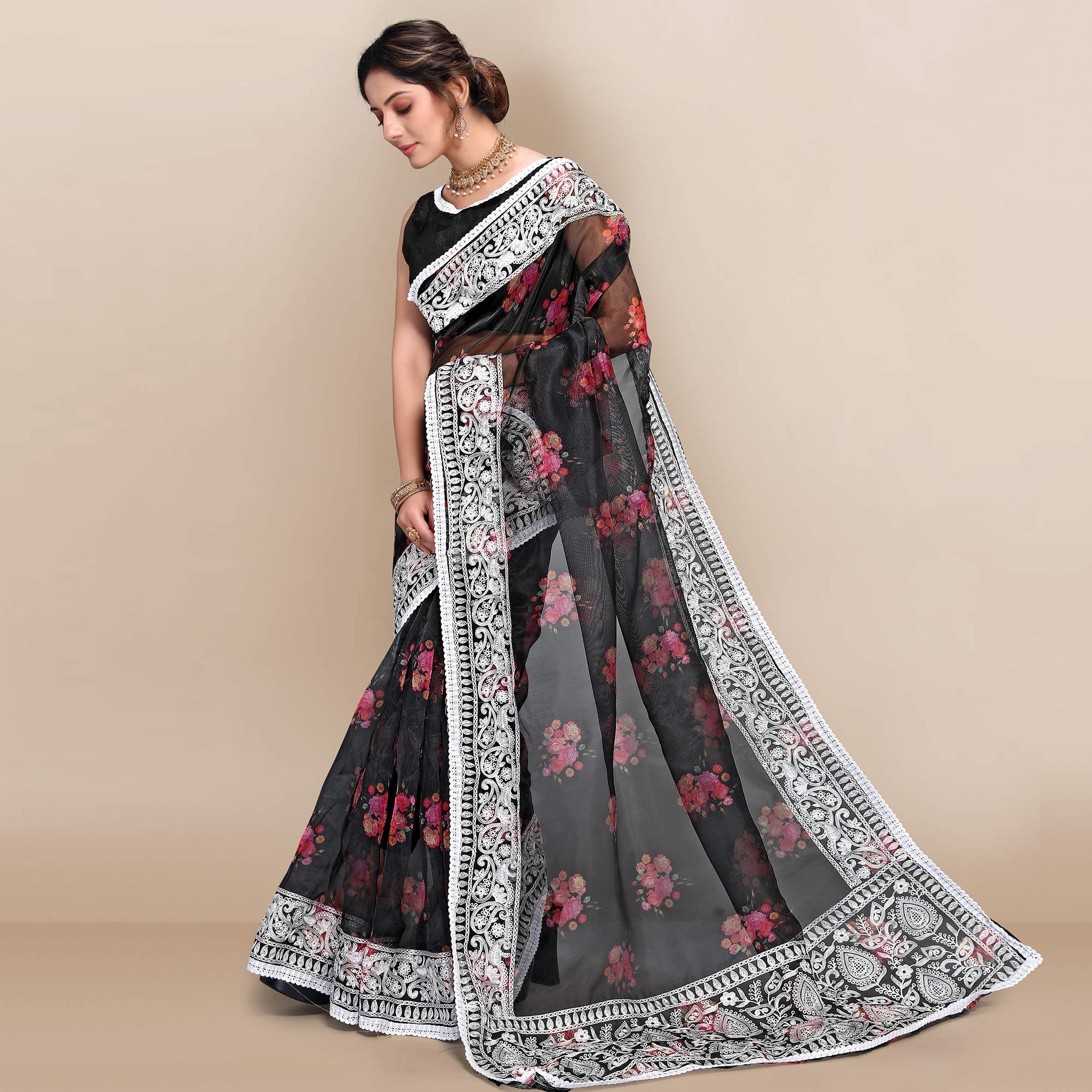 Black Casual Wear Floral Printed Organza Saree With Embroidered Border - Peachmode