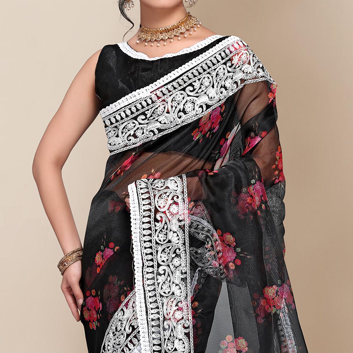 Black Casual Wear Floral Printed Organza Saree With Embroidered Border - Peachmode