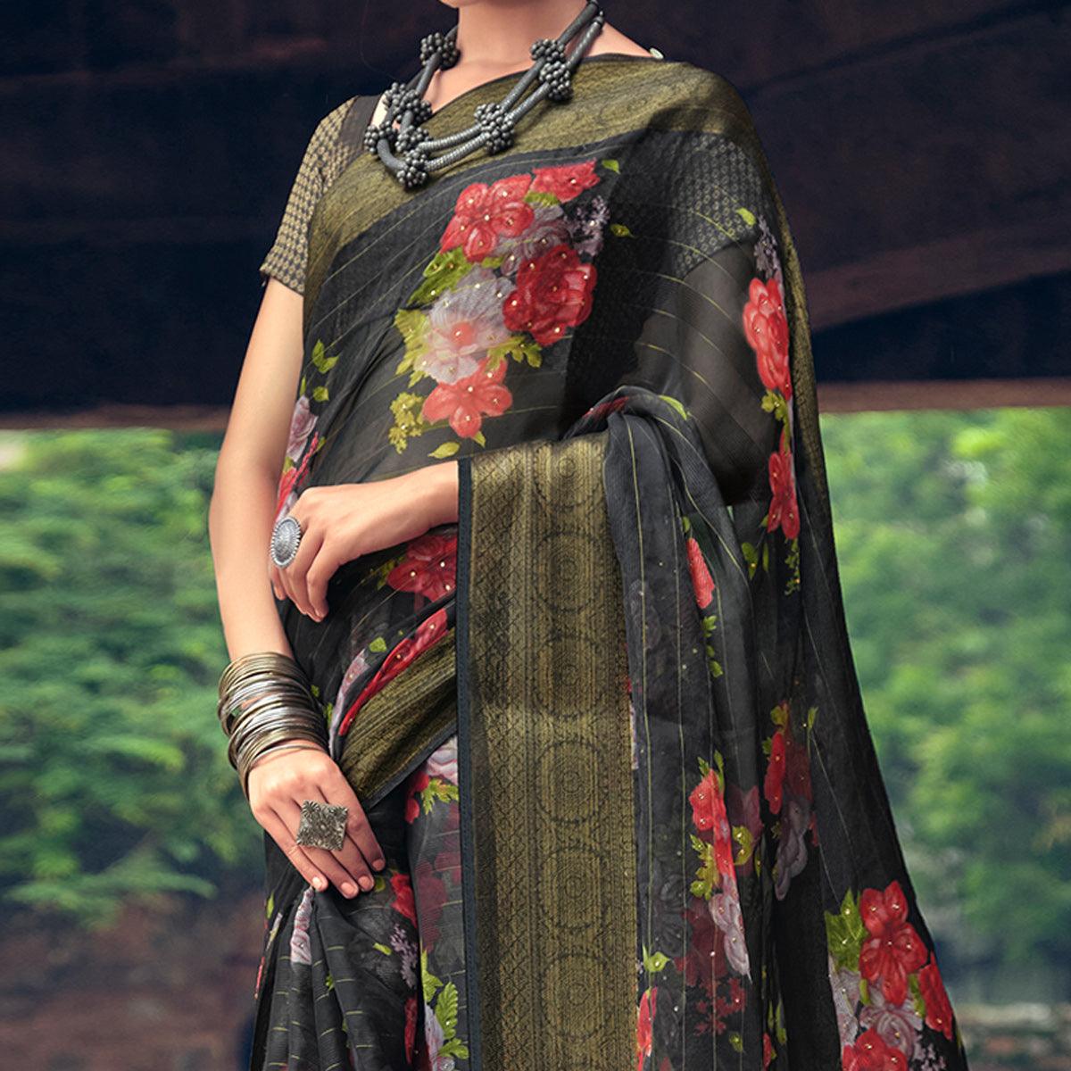 Black Casual Wear Floral Printed Organza Saree With Jacquard Border - Peachmode
