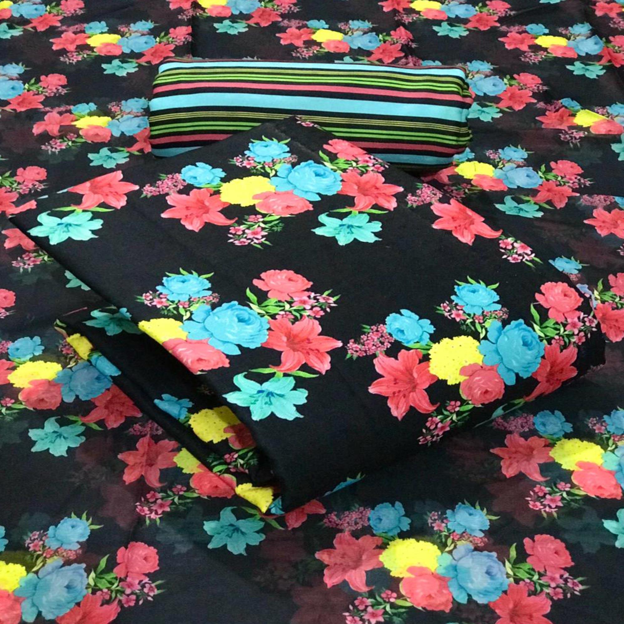 Black Casual Wear Floral Printed Pashmina Dress Material - Peachmode