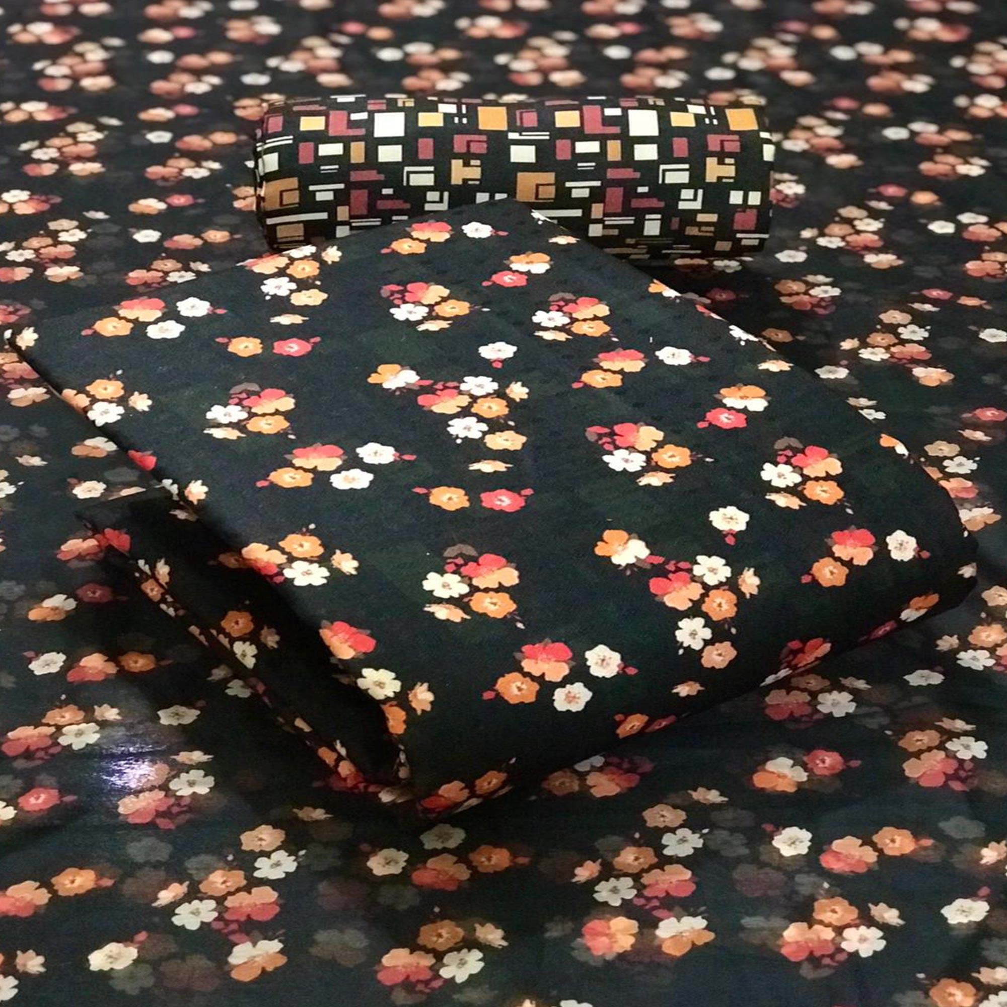 Black Casual Wear Floral Printed Pashmina Dress Material - Peachmode