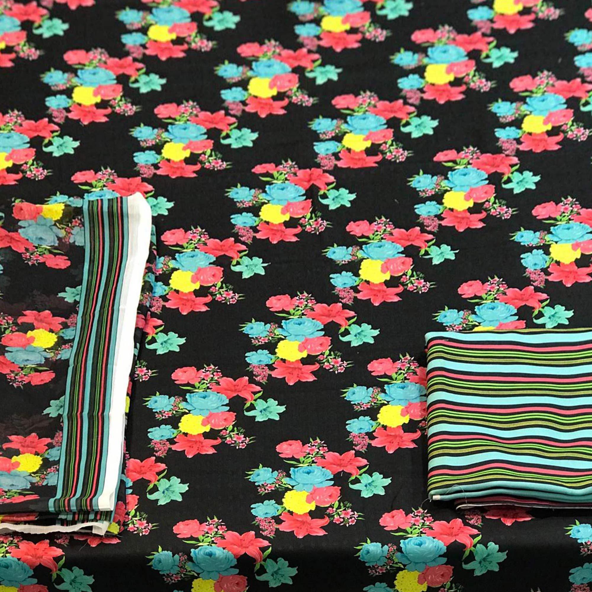 Black Casual Wear Floral Printed Pashmina Dress Material - Peachmode