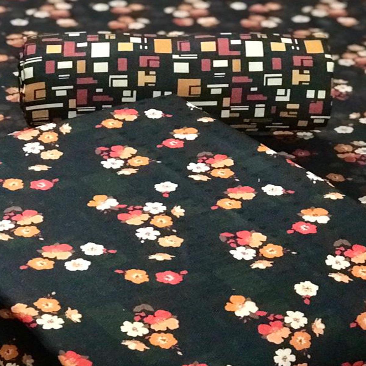 Black Casual Wear Floral Printed Pashmina Dress Material - Peachmode