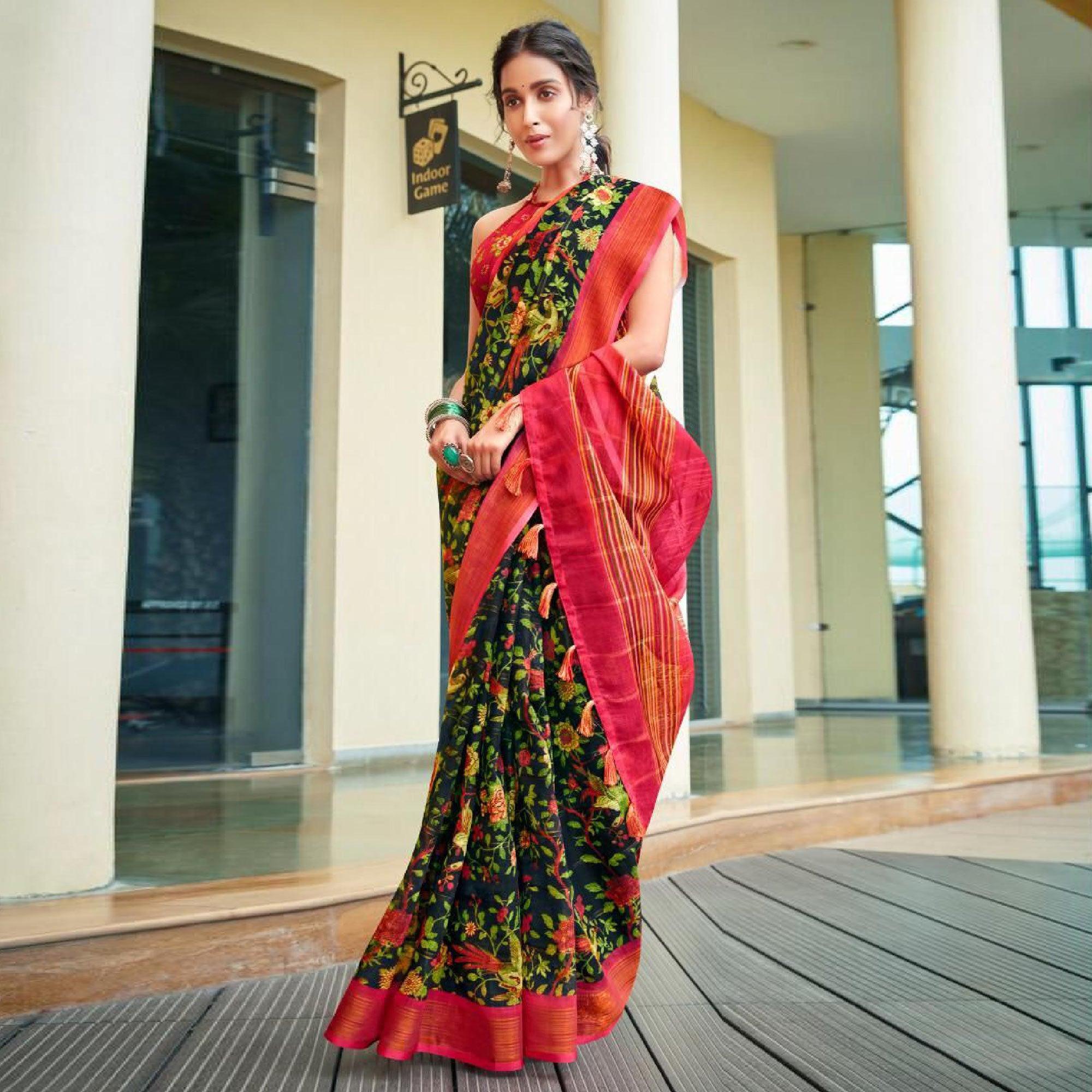 Black Casual Wear Floral Printed Pure Linen Saree - Peachmode