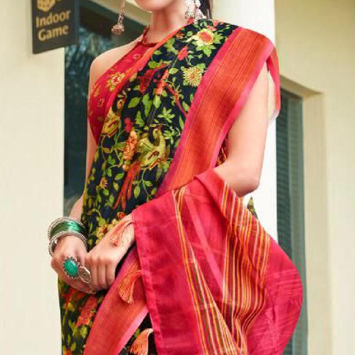 Black Casual Wear Floral Printed Pure Linen Saree - Peachmode