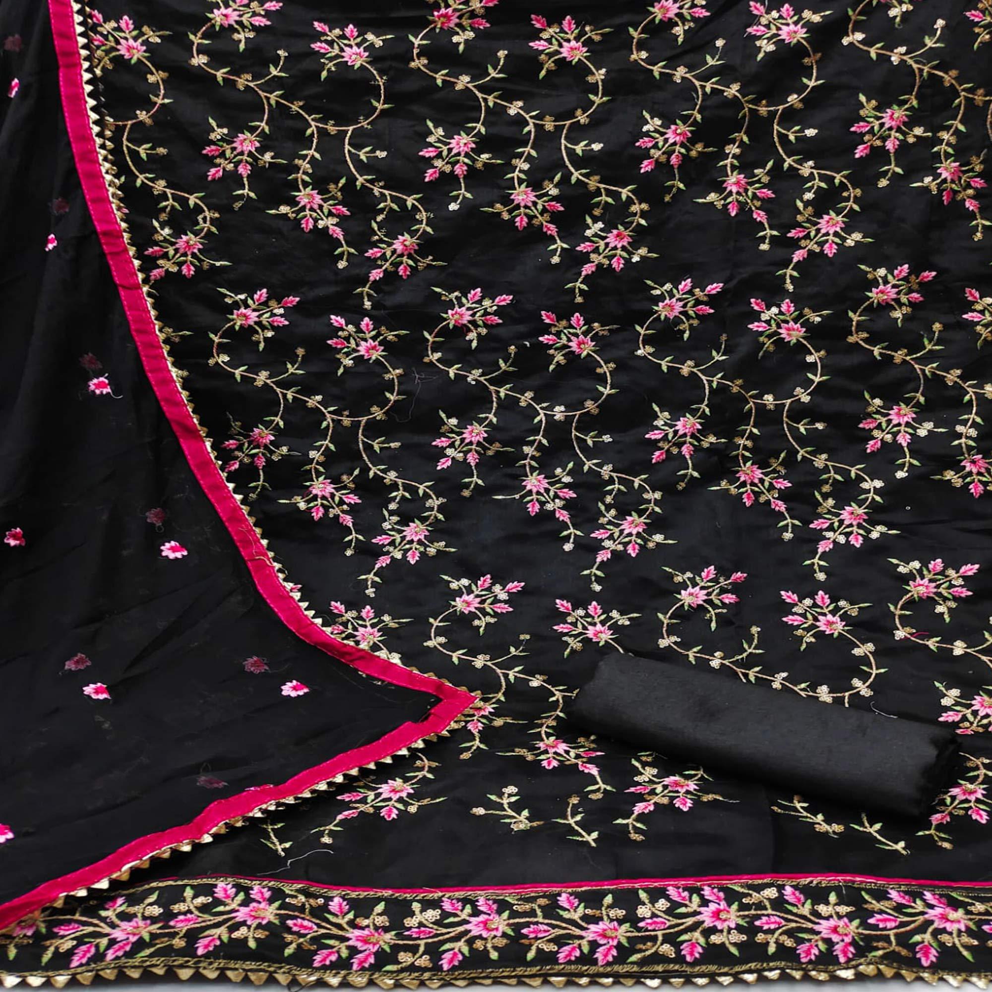 Black Casual Wear Floral Sequence Embroidery Chanderi Dress Material - Peachmode