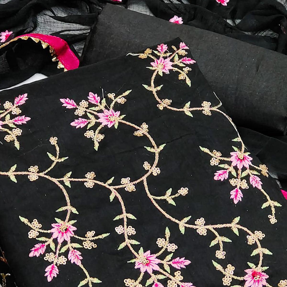 Black Casual Wear Floral Sequence Embroidery Chanderi Dress Material - Peachmode