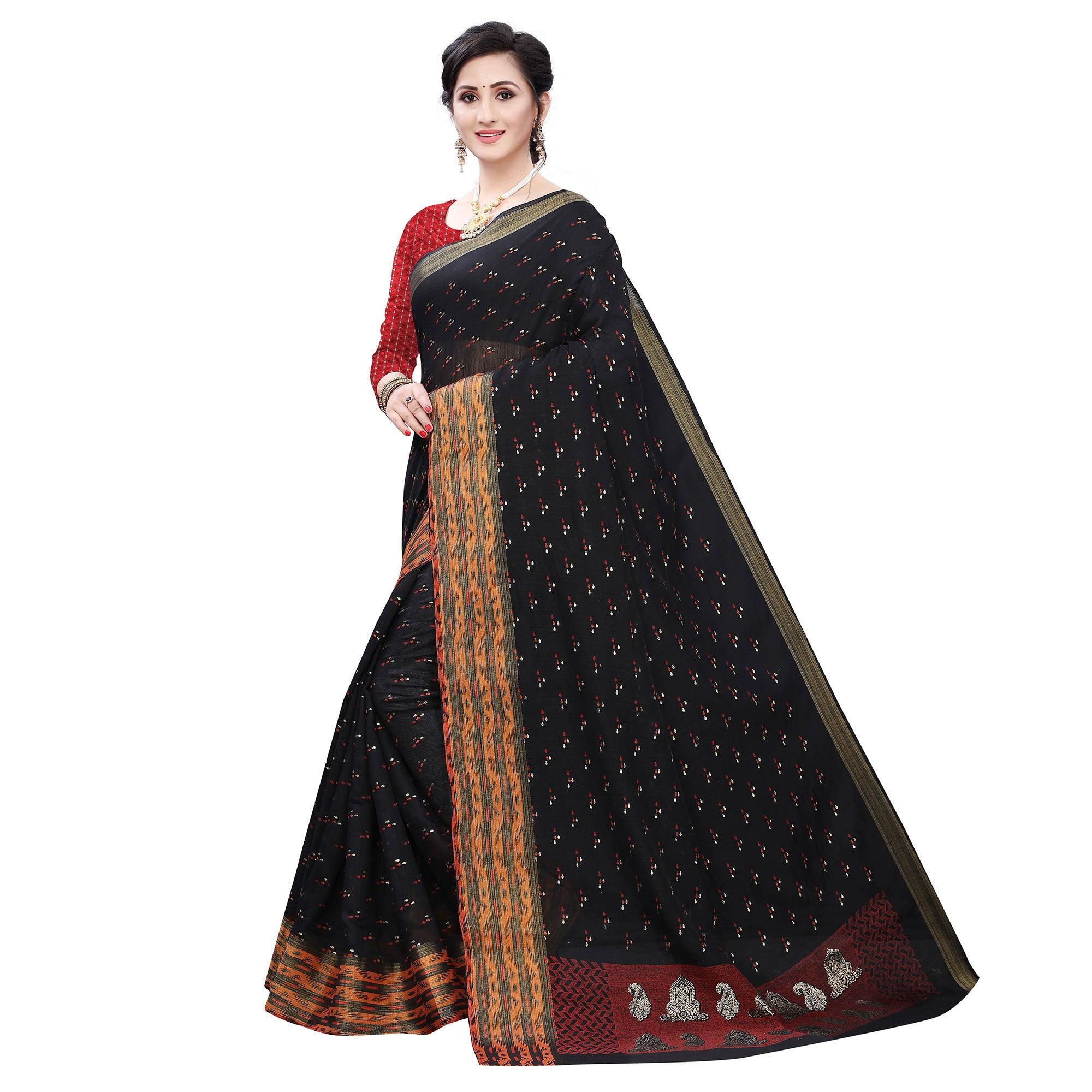 Black Casual Wear Foil Printed Cotton Silk Saree - Peachmode