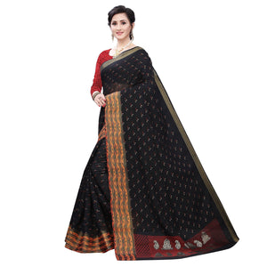 Black Casual Wear Foil Printed Cotton Silk Saree - Peachmode