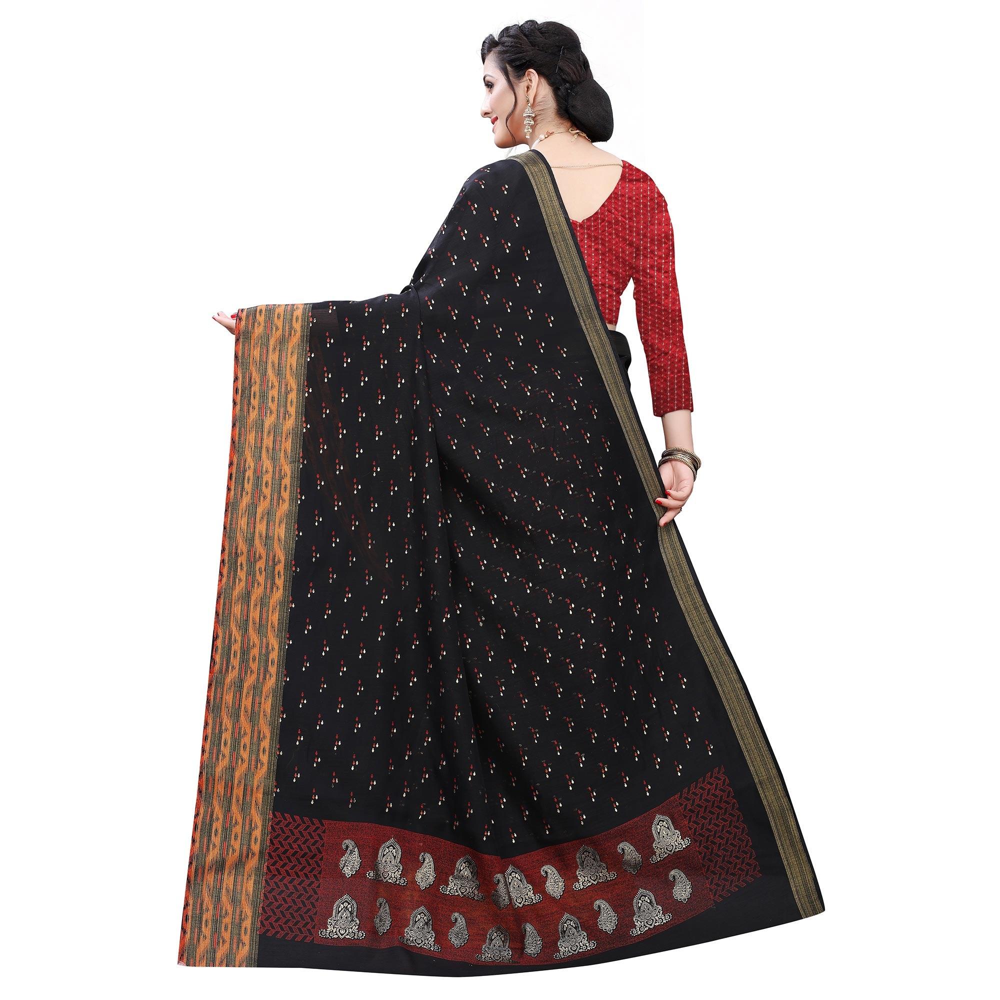 Black Casual Wear Foil Printed Cotton Silk Saree - Peachmode