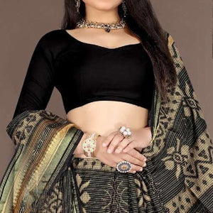 Black Casual Wear Ikkat Printed Cotton Silk Saree - Peachmode