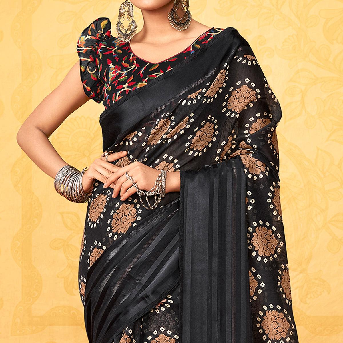 Black Casual Wear KalamKari Block Printed Cotton Satin Saree - Peachmode