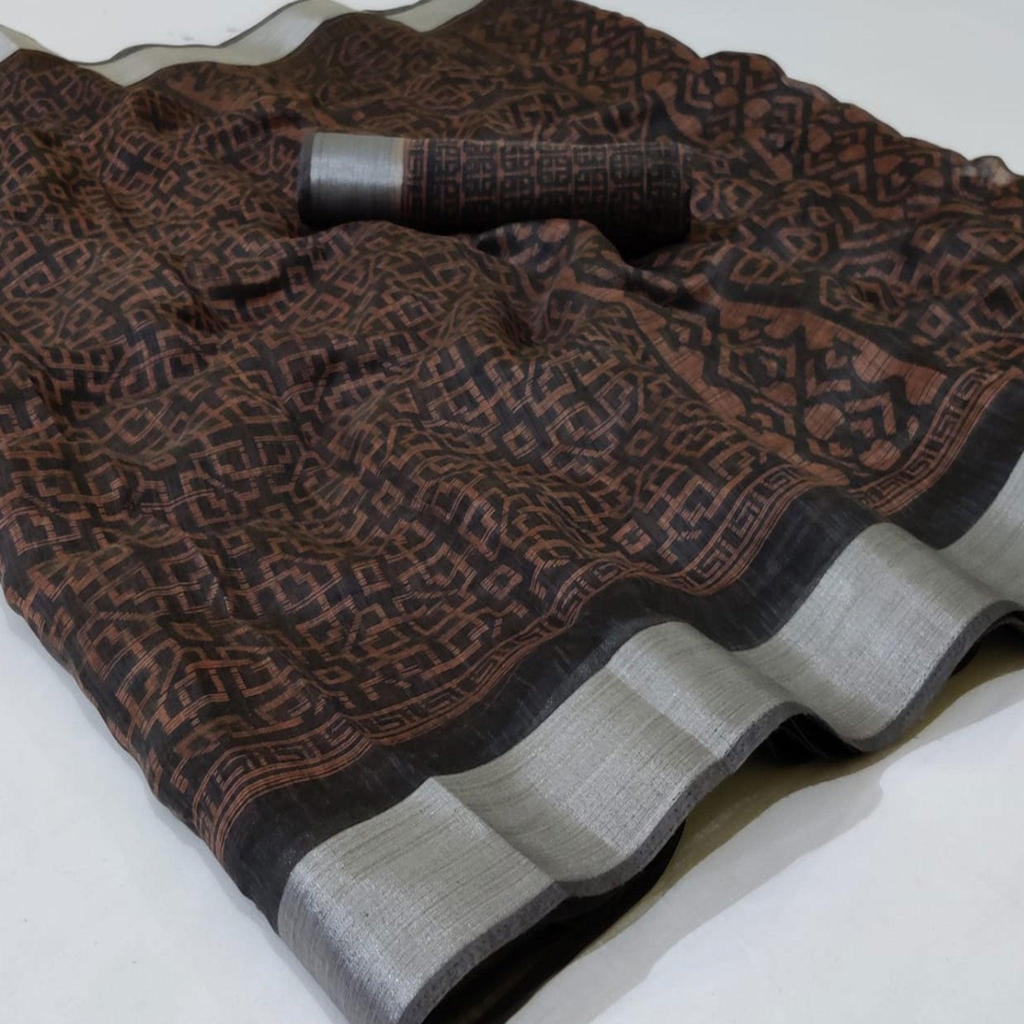 Black Casual Wear Mill Printed Linen Cotton Saree With Silver Zari Border - Peachmode