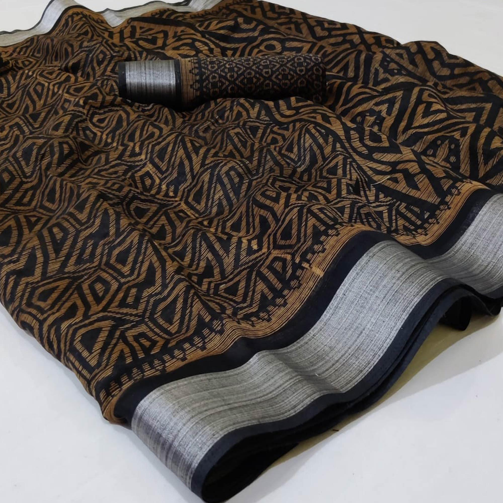 Black Casual Wear Mill Printed Linen Cotton Saree With Silver Zari Border - Peachmode