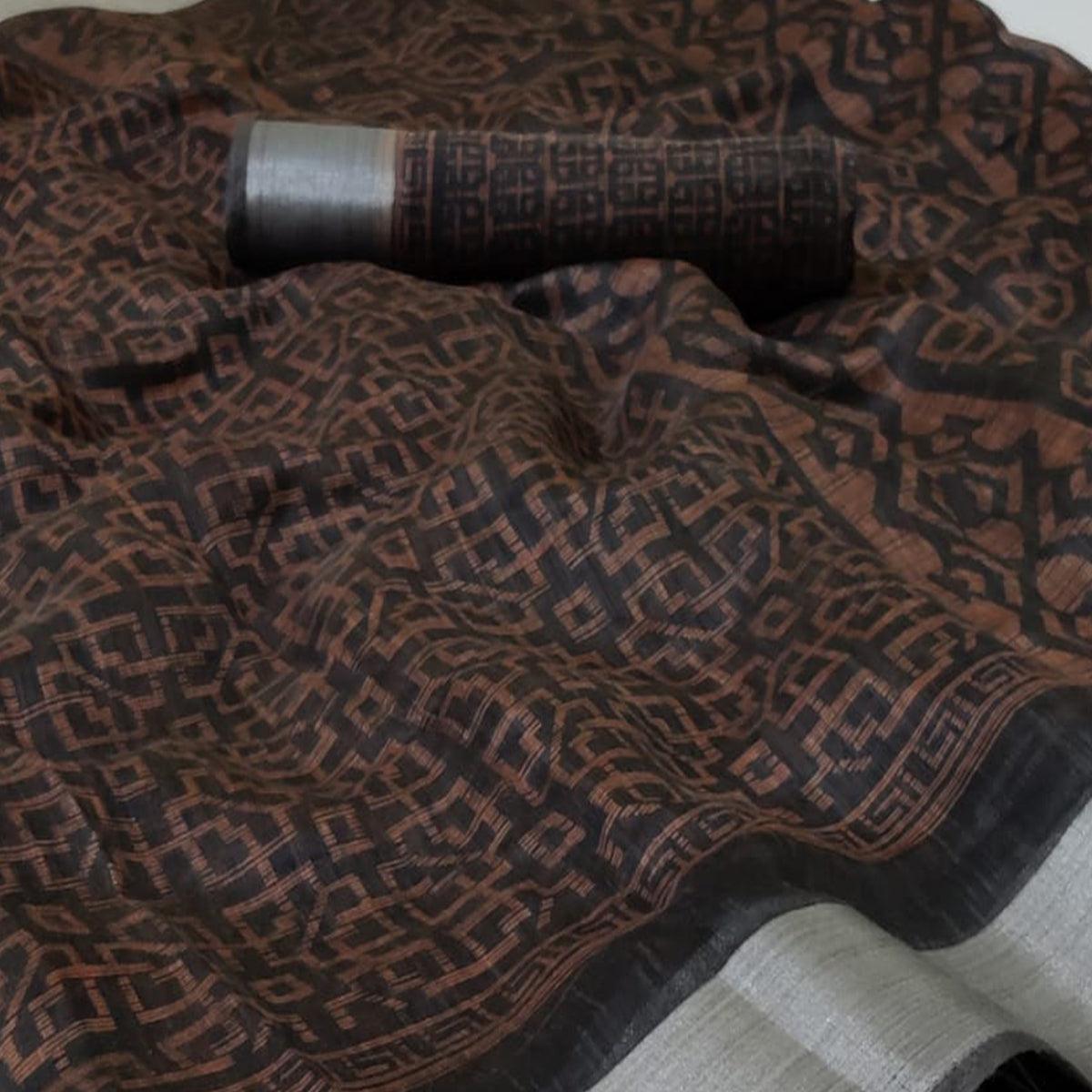 Black Casual Wear Mill Printed Linen Cotton Saree With Silver Zari Border - Peachmode