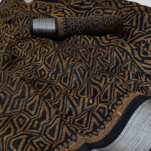 Black Casual Wear Mill Printed Linen Cotton Saree With Silver Zari Border - Peachmode