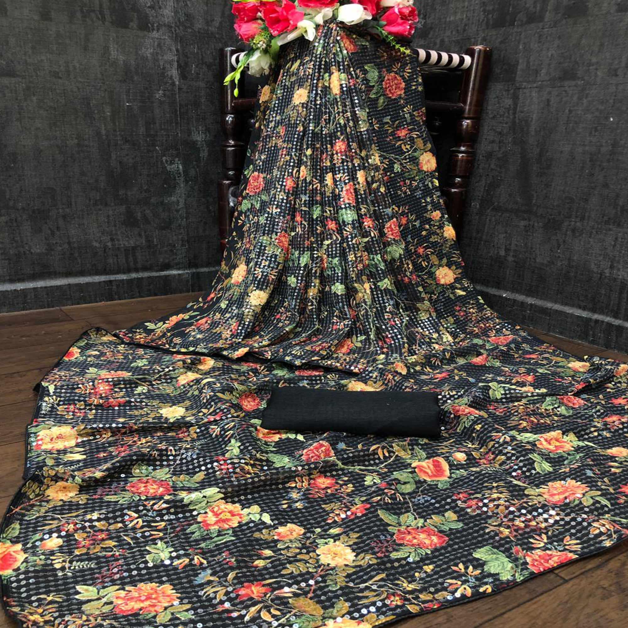 Black Casual Wear Printed & Sequence Work Heavy Georgette Saree - Peachmode