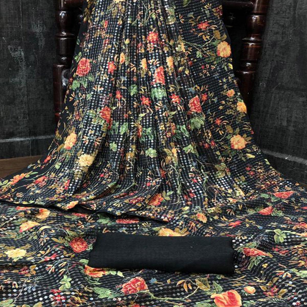 Black Casual Wear Printed & Sequence Work Heavy Georgette Saree - Peachmode