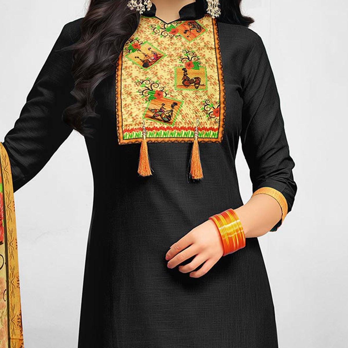 Black Casual Wear Printed Art Silk Suit - Peachmode