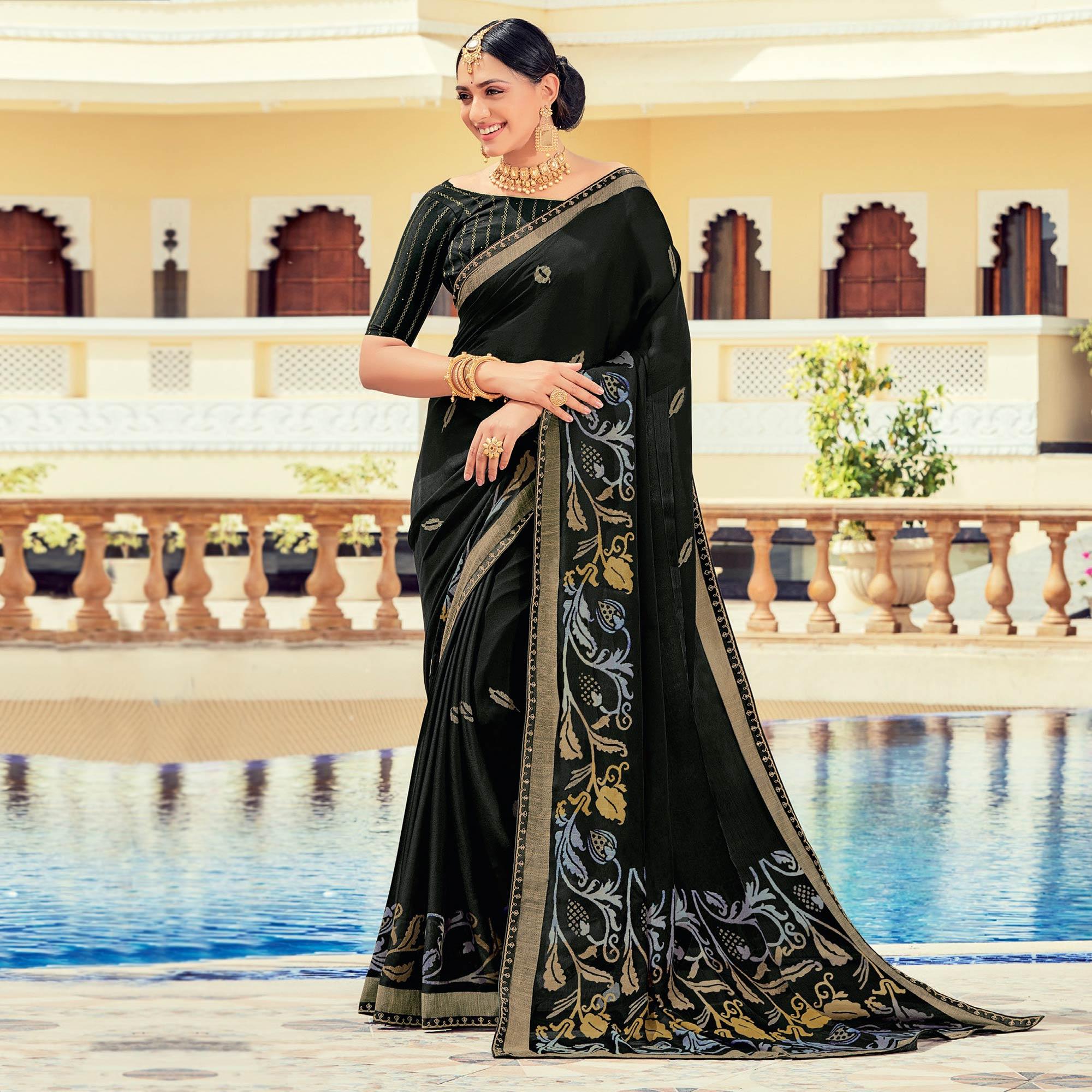 Black Casual Wear Printed Brasso Saree - Peachmode