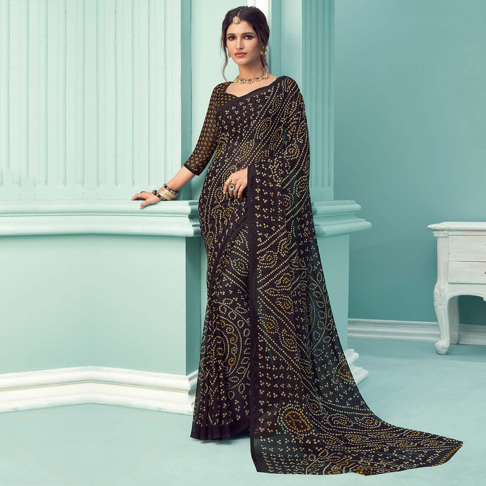 Black Casual Wear Printed Chiffon Bandhani Saree - Peachmode