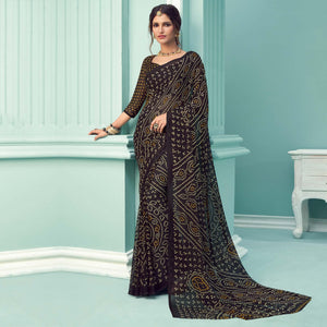 Black Casual Wear Printed Chiffon Bandhani Saree - Peachmode