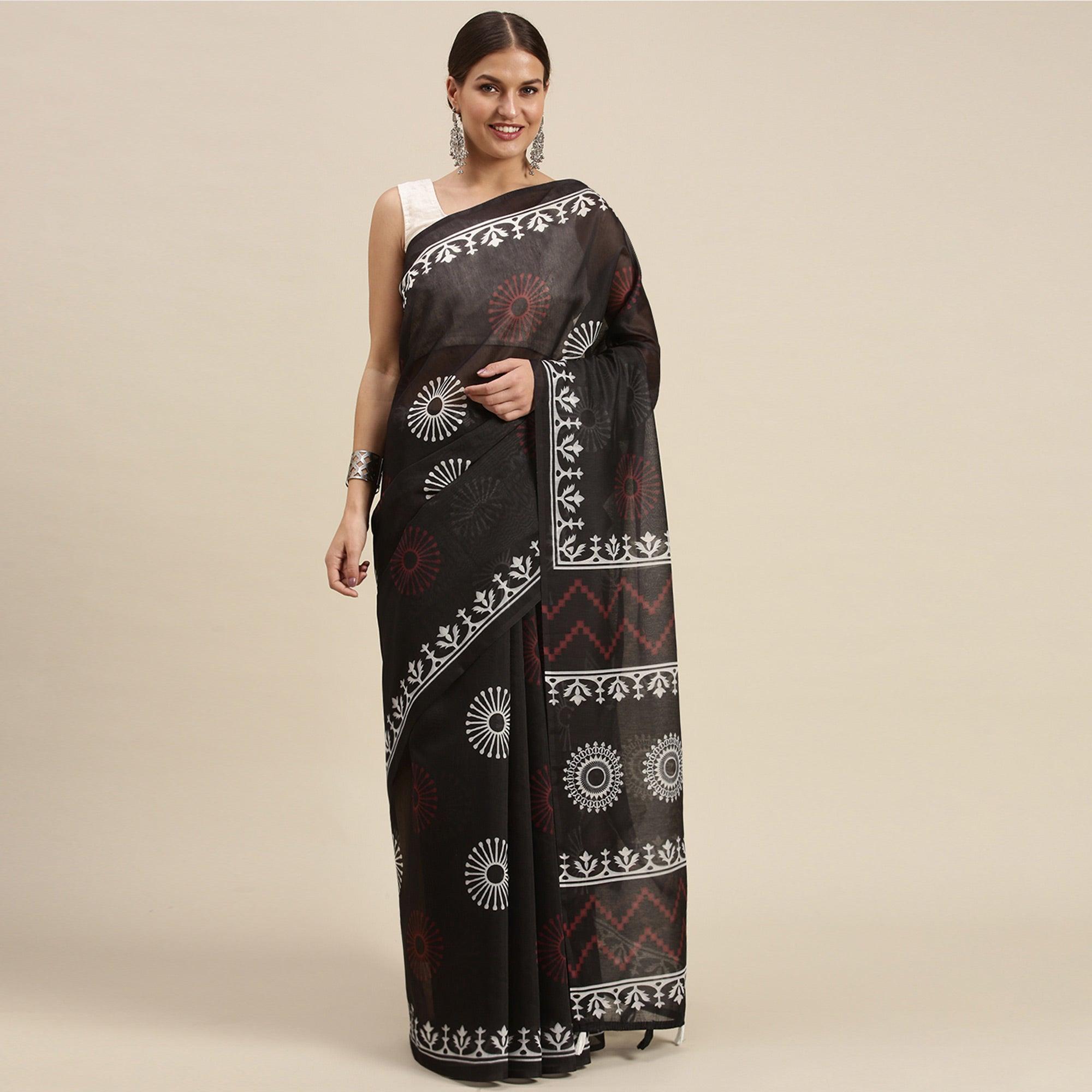 Black Casual Wear Printed Cotton Blend Saree With Tassels - Peachmode
