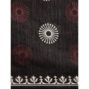 Black Casual Wear Printed Cotton Blend Saree With Tassels - Peachmode